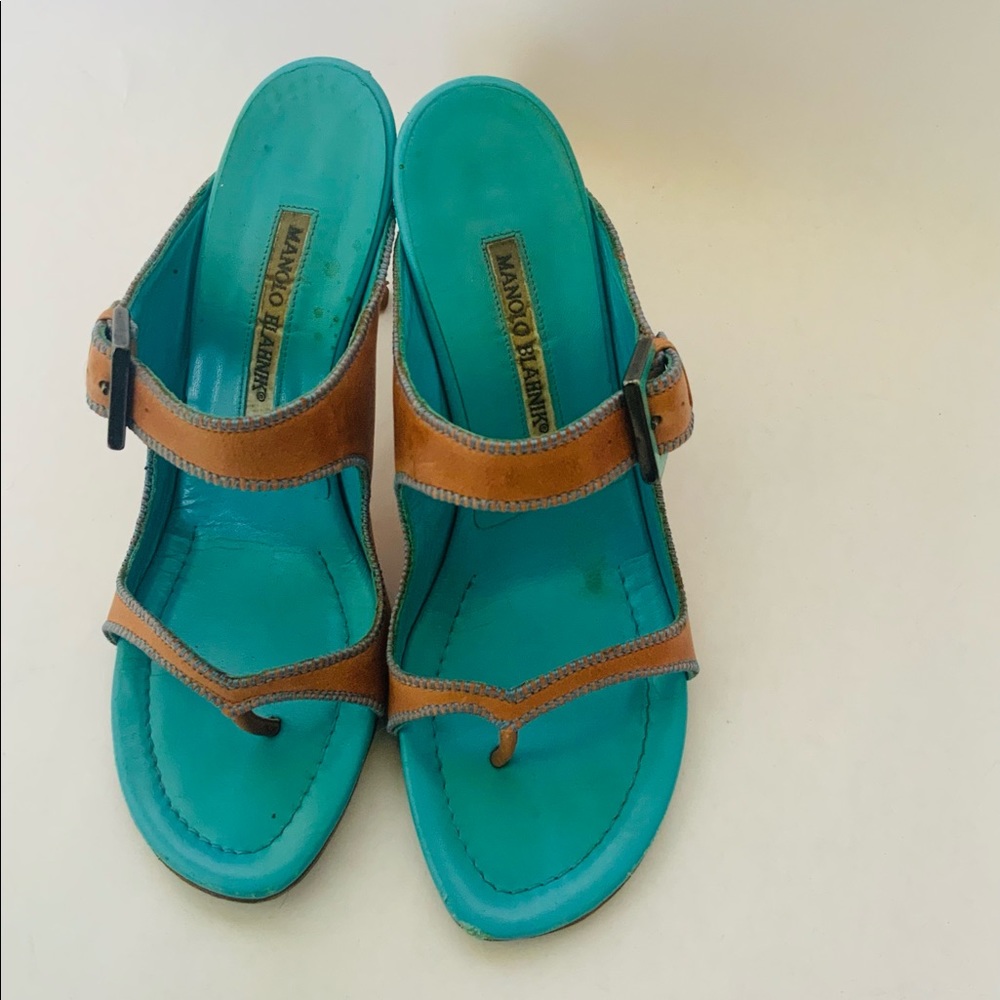 Manolo Blahnik Camel and Turquoise Strappy Sandals